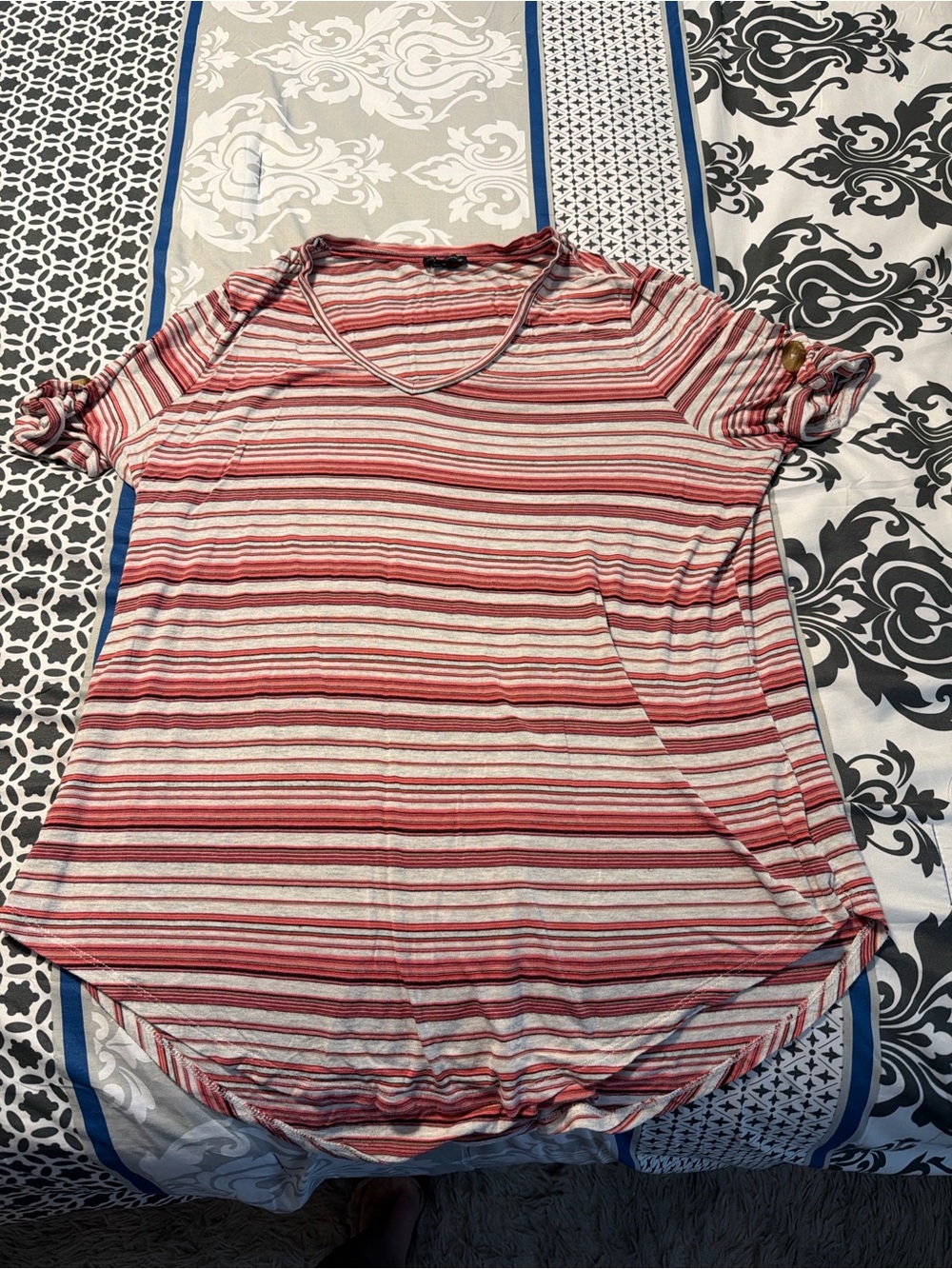 new directions Red and Cream Striped V-Neck Short Sleeve Top